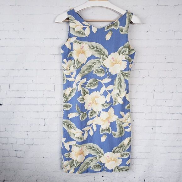 Havana Jacks Cafe Hawaiian Dress Size Small Light Blue Hibiscus Floral Sheath - Picture 1 of 6
